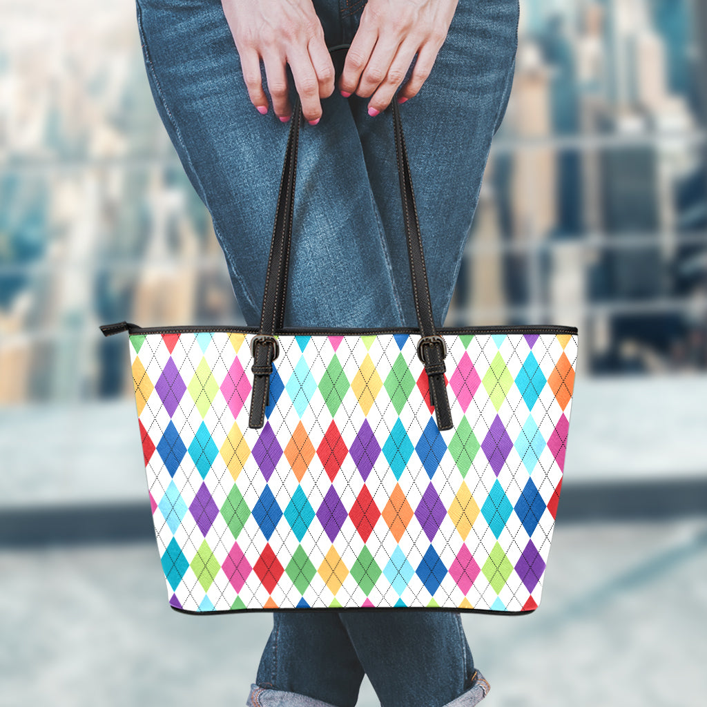 Colorful Argyle Pattern Print Leather Tote Bag