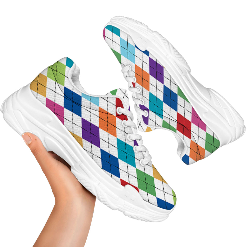 Colorful Argyle Pattern Print White Chunky Shoes