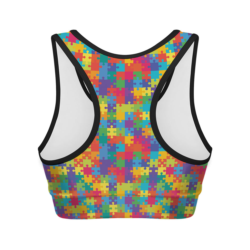 Colorful Autism Awareness Jigsaw Print Women's Sports Bra