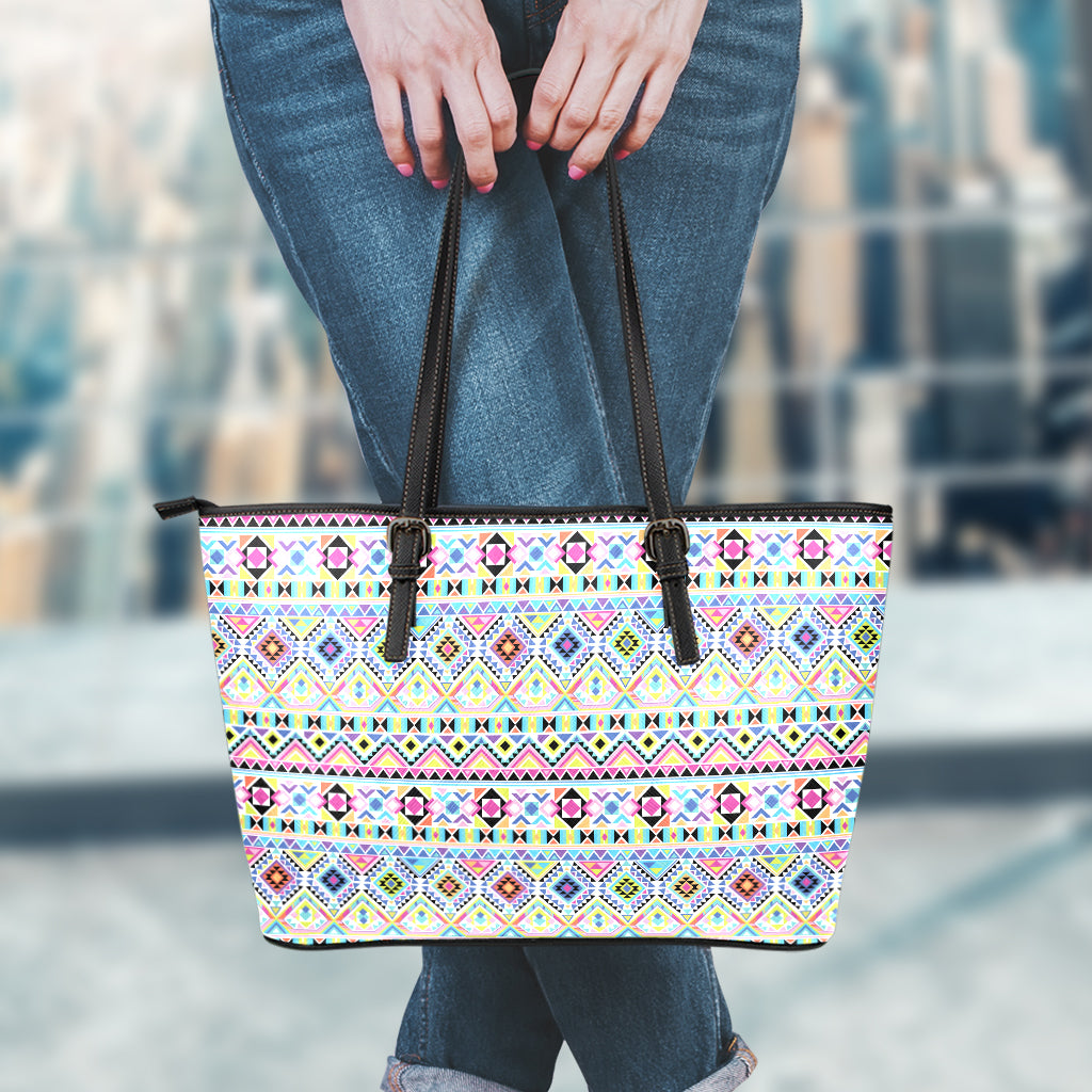 Colorful Aztec Geometric Pattern Print Leather Tote Bag