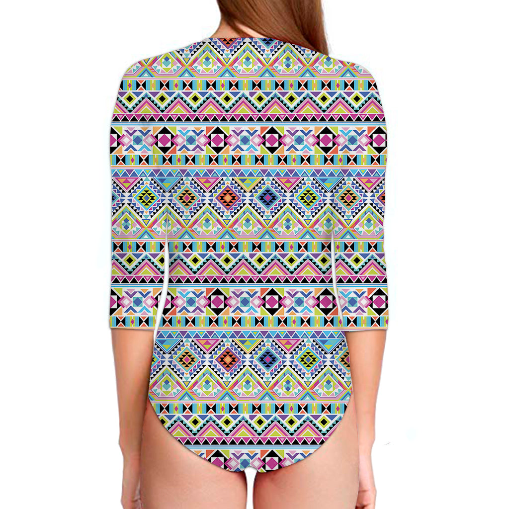 Colorful Aztec Geometric Pattern Print Long Sleeve Swimsuit