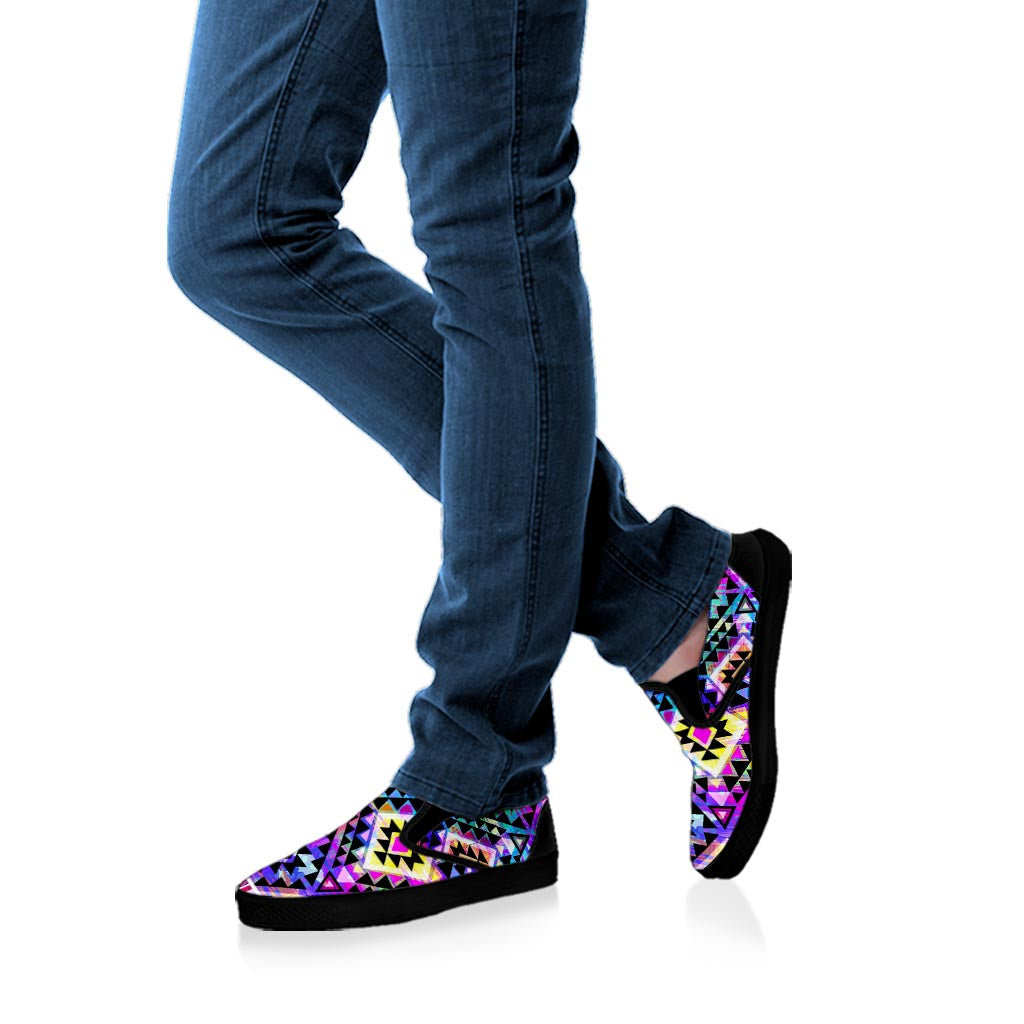 Colorful Aztec Pattern Print Black Slip On Sneakers