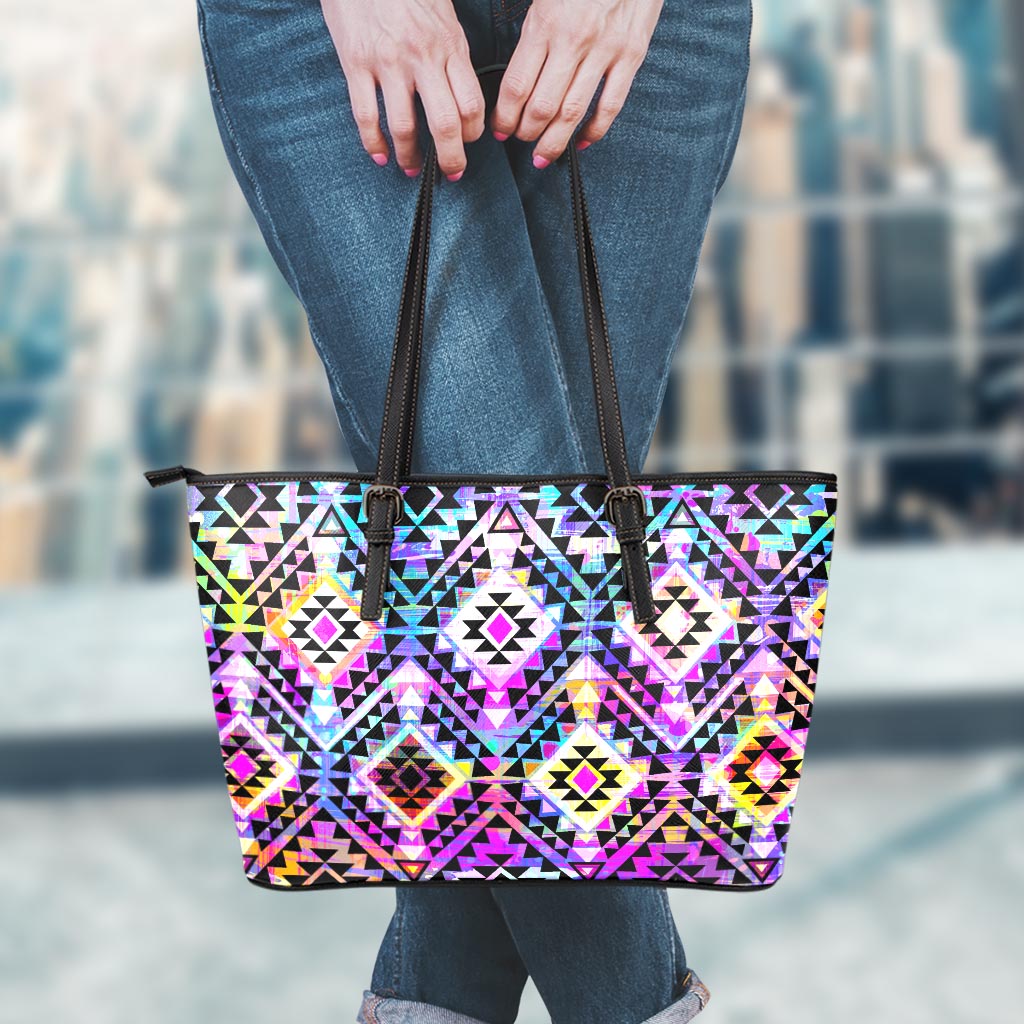 Colorful Aztec Pattern Print Leather Tote Bag