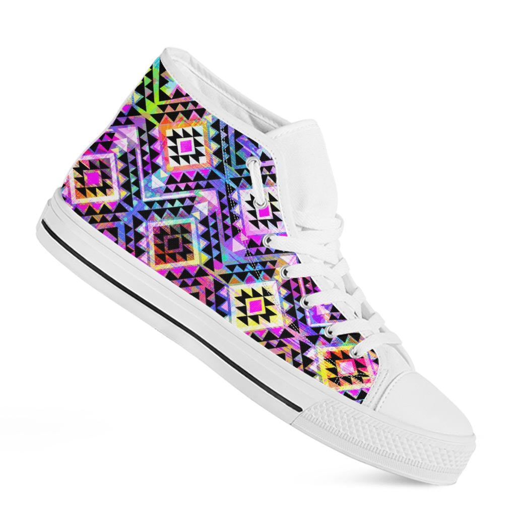 Colorful Aztec Pattern Print White High Top Sneakers