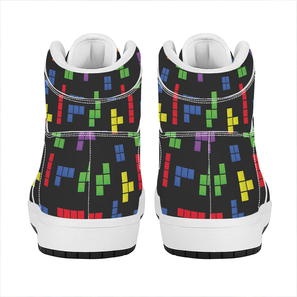 Colorful Block Puzzle Game Pattern Print High Top Leather Sneakers