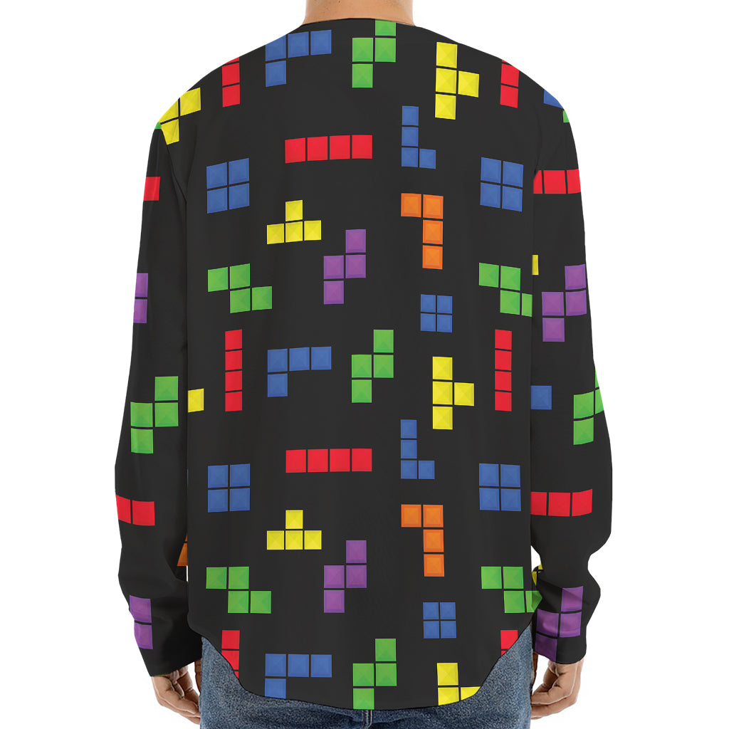 Colorful Block Puzzle Game Pattern Print Long Sleeve Baseball Jersey