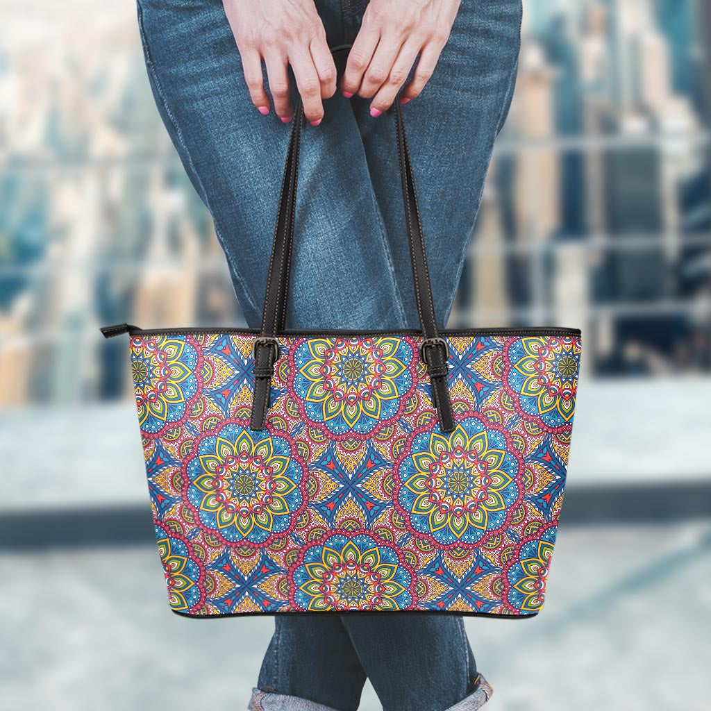 Colorful Bohemian Mandala Pattern Print Leather Tote Bag