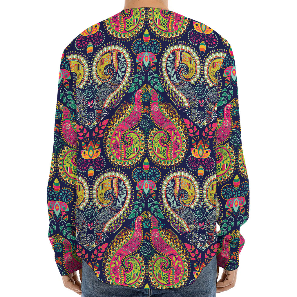 Colorful Boho Paisley Pattern Print Long Sleeve Baseball Jersey