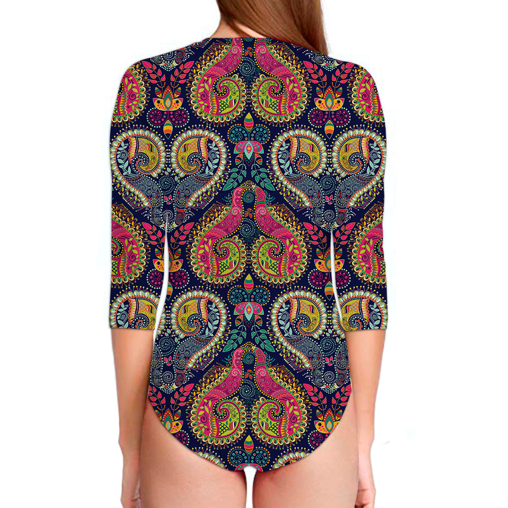 Colorful Boho Paisley Pattern Print Long Sleeve Swimsuit