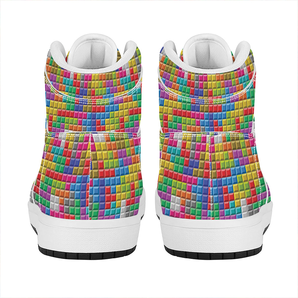 Colorful Brick Puzzle Game Pattern Print High Top Leather Sneakers