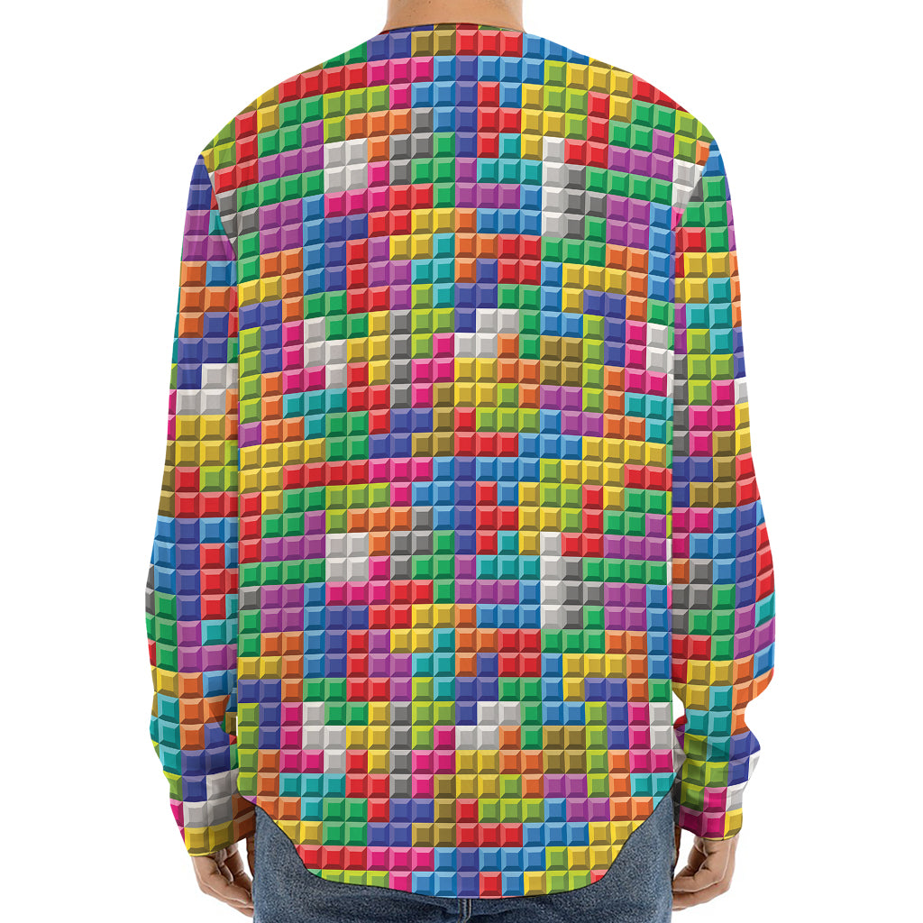 Colorful Brick Puzzle Game Pattern Print Long Sleeve Baseball Jersey