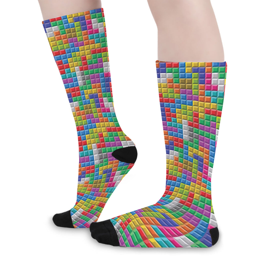 Colorful Brick Puzzle Game Pattern Print Long Socks