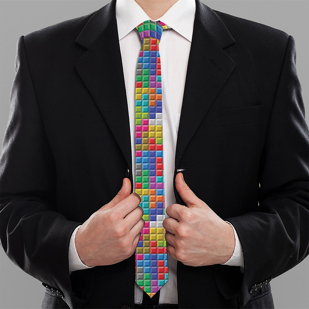 Colorful Brick Puzzle Game Pattern Print Necktie