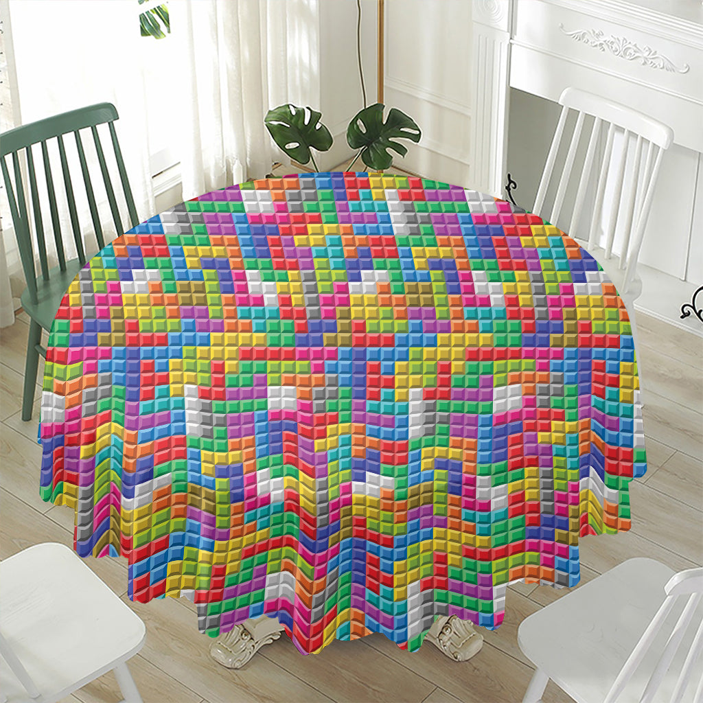 Colorful Brick Puzzle Game Pattern Print Waterproof Round Tablecloth