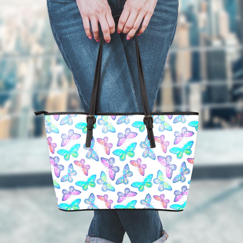 Colorful Butterfly Pattern Print Leather Tote Bag