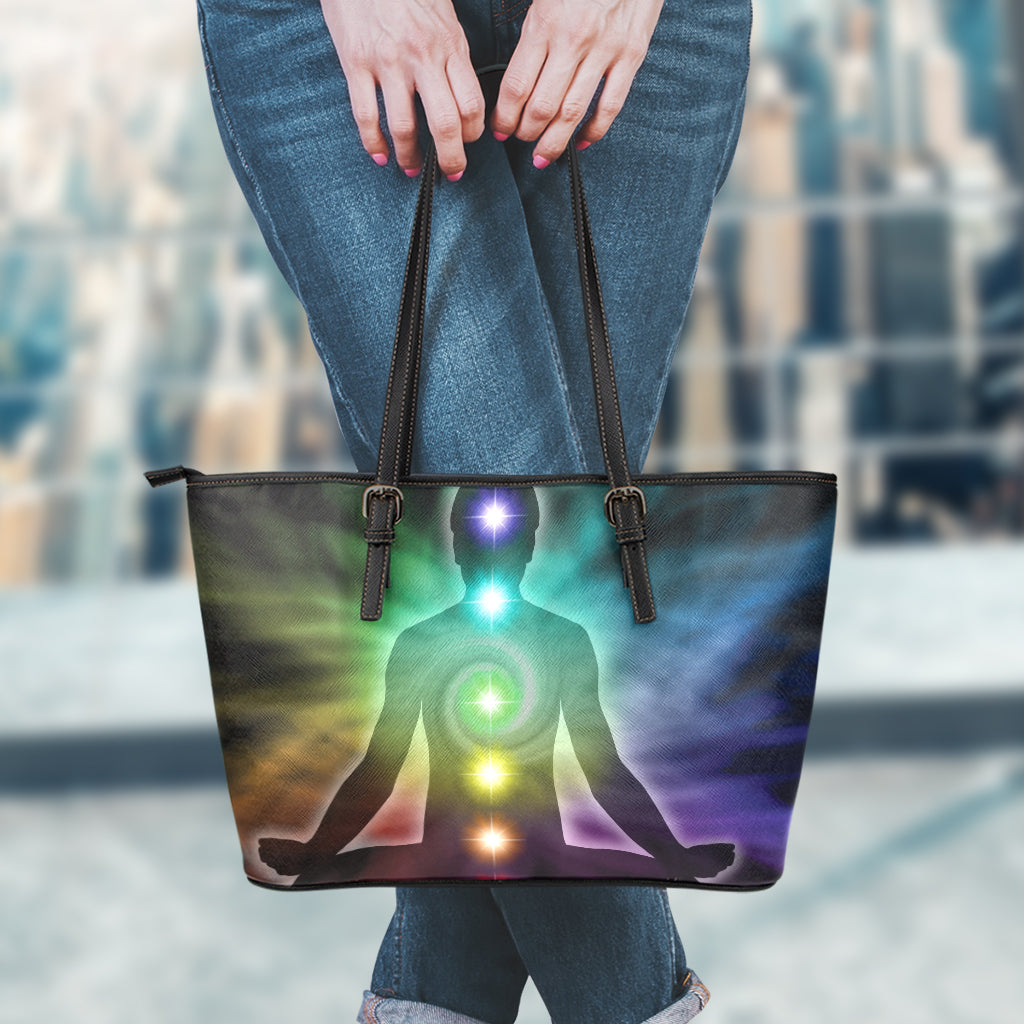 Colorful Chakras Aura Print Leather Tote Bag