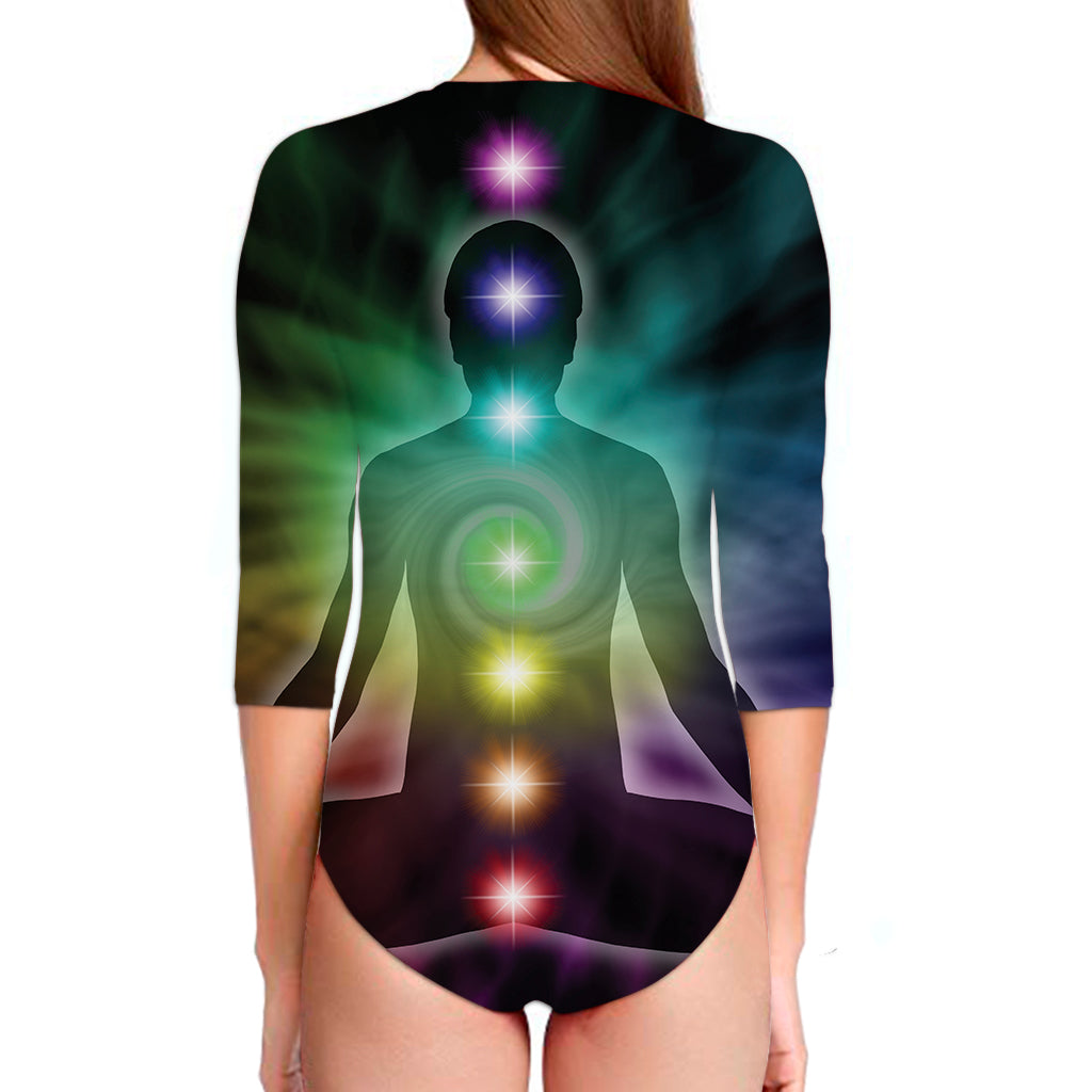 Colorful Chakras Aura Print Long Sleeve Swimsuit