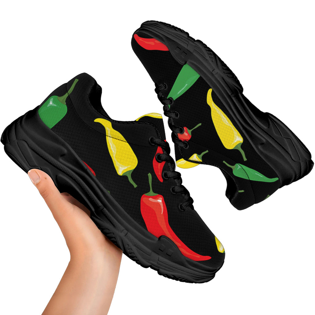 Colorful Chili Peppers Pattern Print Black Chunky Shoes