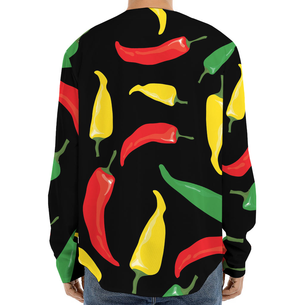 Colorful Chili Peppers Pattern Print Long Sleeve Baseball Jersey