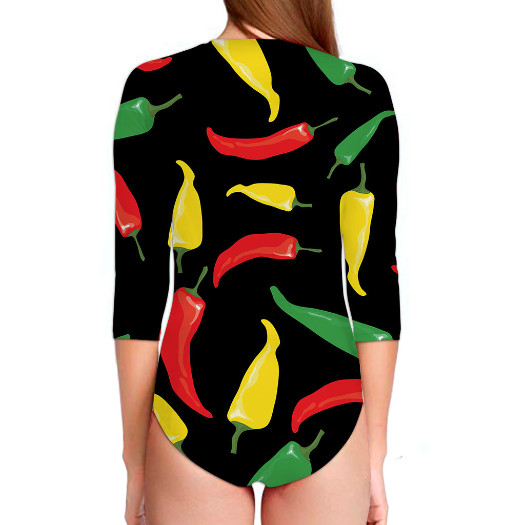Colorful Chili Peppers Pattern Print Long Sleeve Swimsuit
