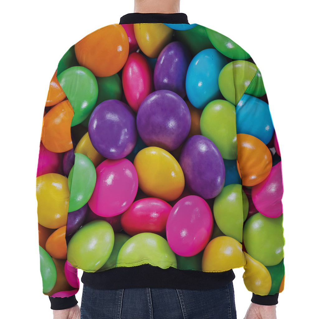 Colorful Chocolate Candy Print Zip Sleeve Bomber Jacket