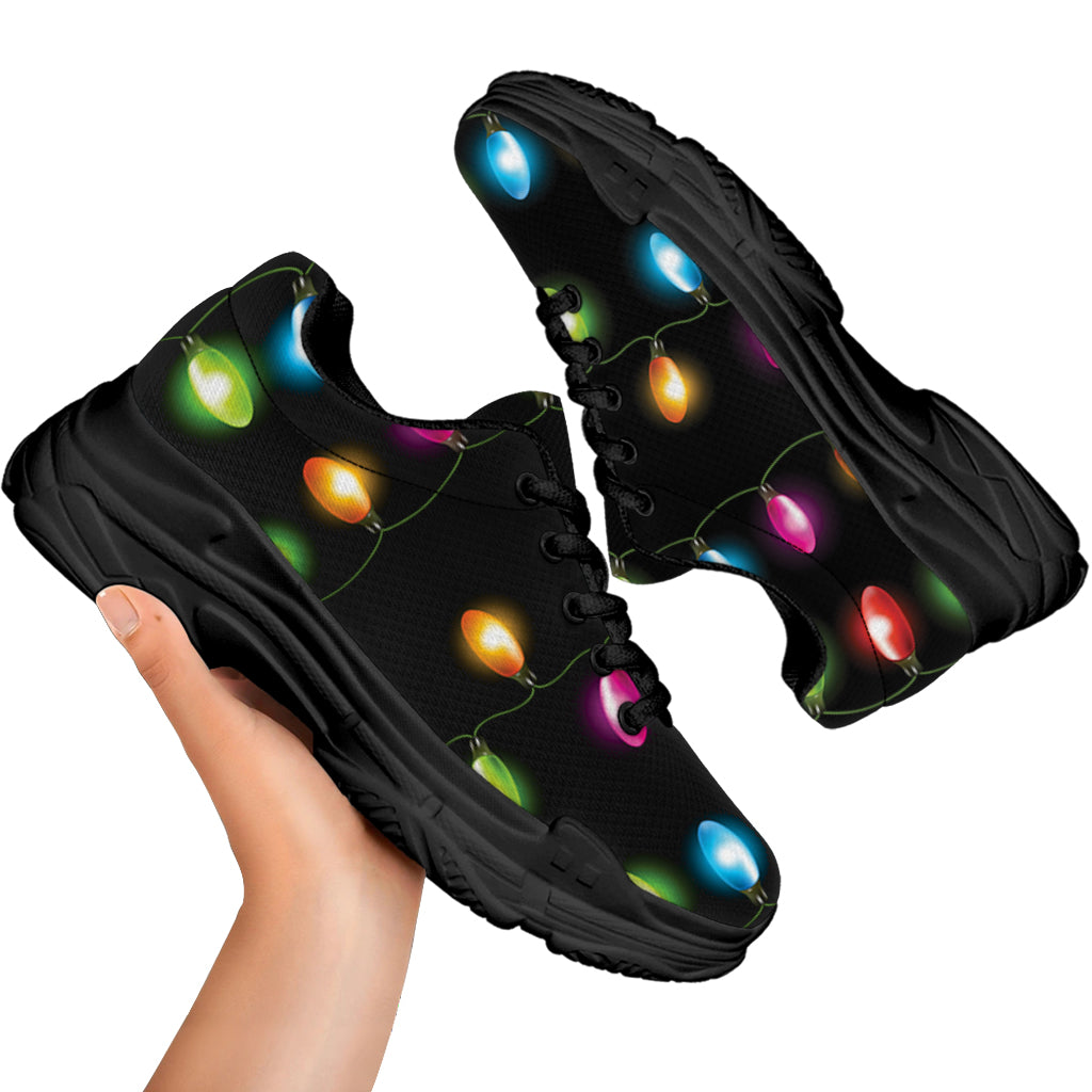 Colorful Christmas Lights Print Black Chunky Shoes