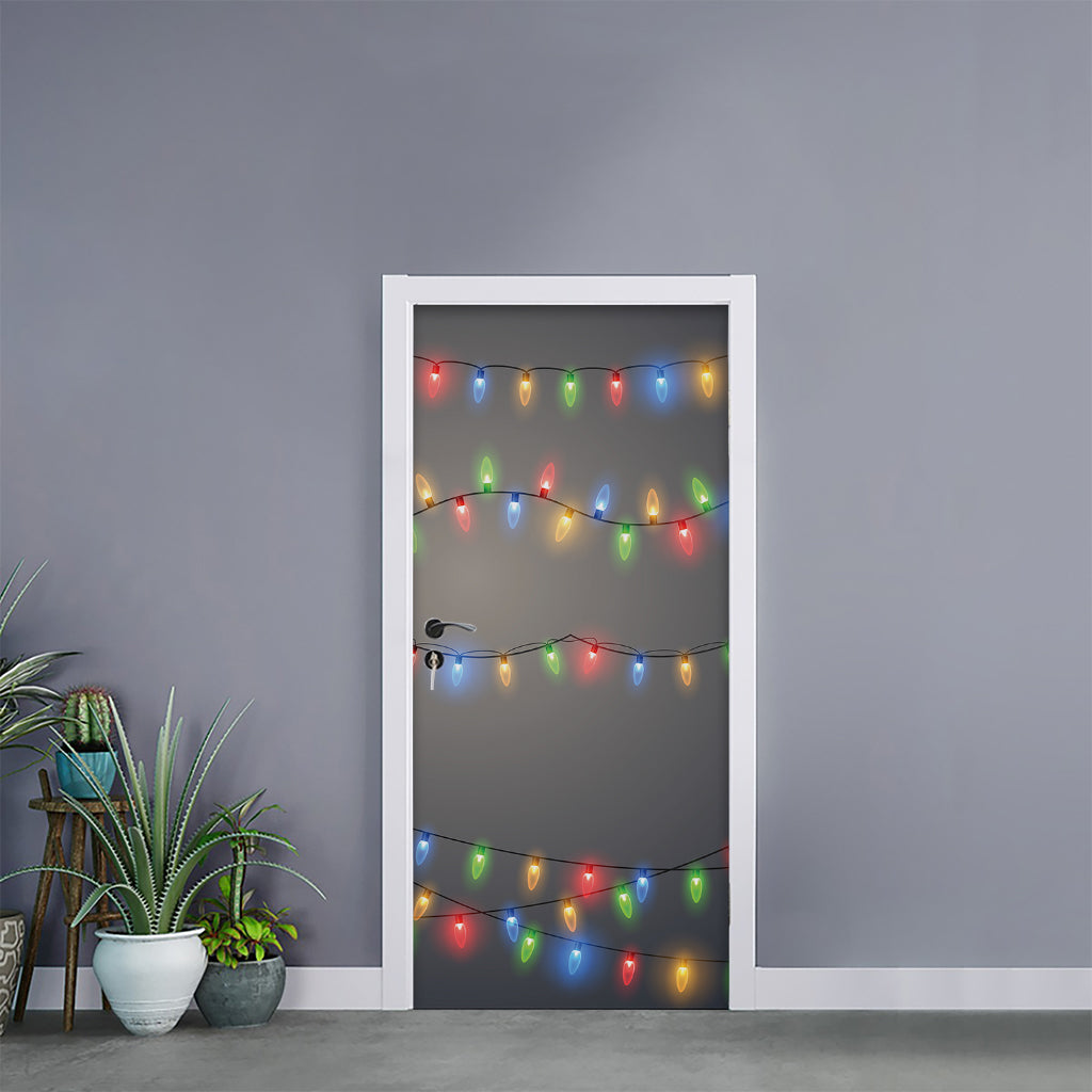 Colorful Christmas String Lights Print Door Sticker