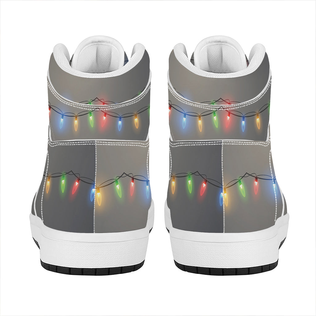 Colorful Christmas String Lights Print High Top Leather Sneakers