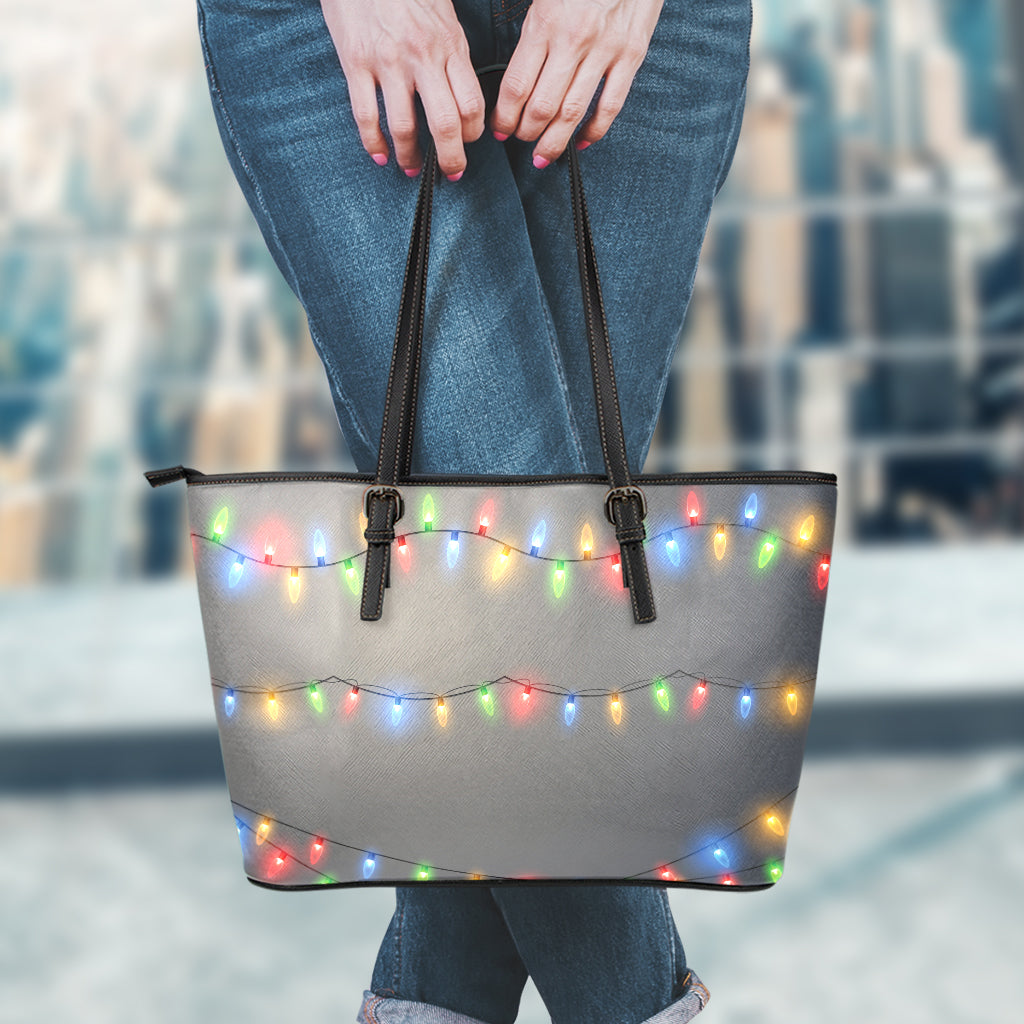 Colorful Christmas String Lights Print Leather Tote Bag