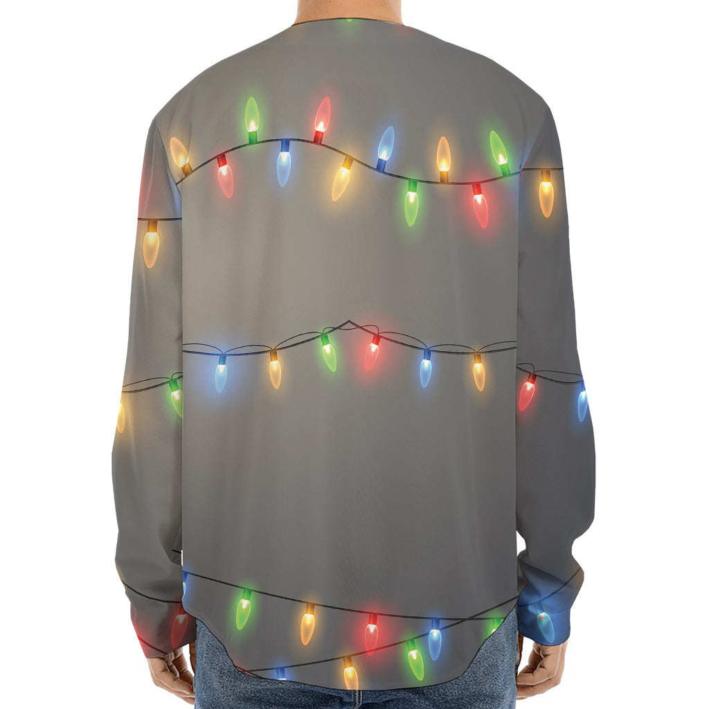 Colorful Christmas String Lights Print Long Sleeve Baseball Jersey