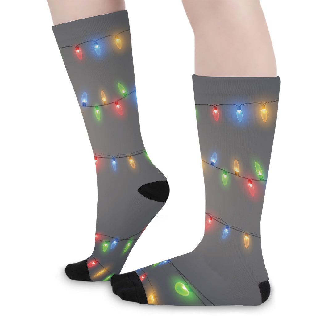 Colorful Christmas String Lights Print Long Socks