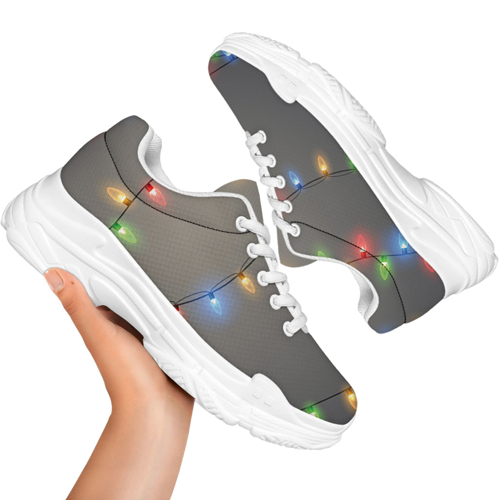 Colorful Christmas String Lights Print White Chunky Shoes