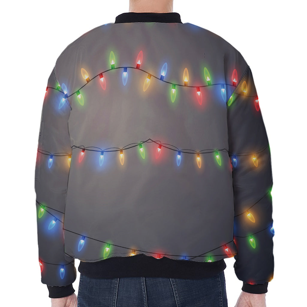 Colorful Christmas String Lights Print Zip Sleeve Bomber Jacket