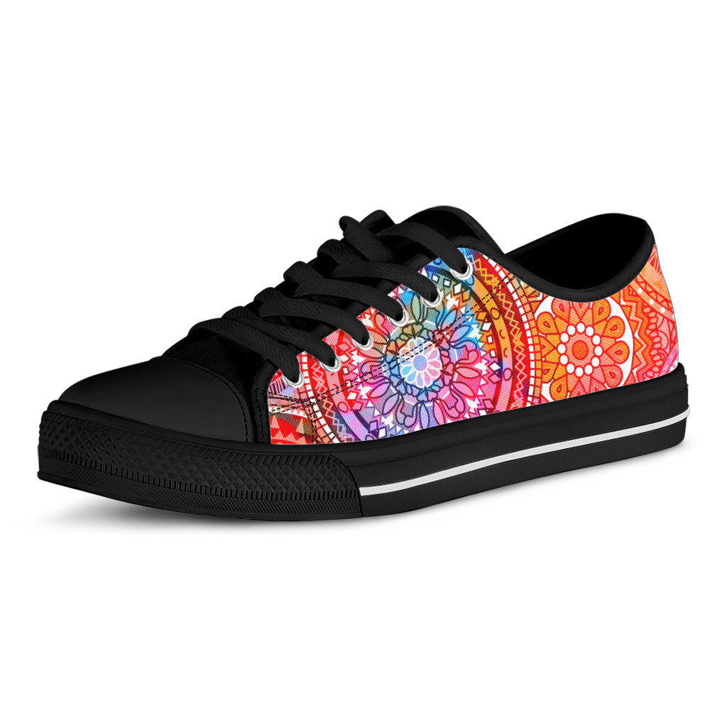 Colorful Circle Mandala Print Black Low Top Sneakers