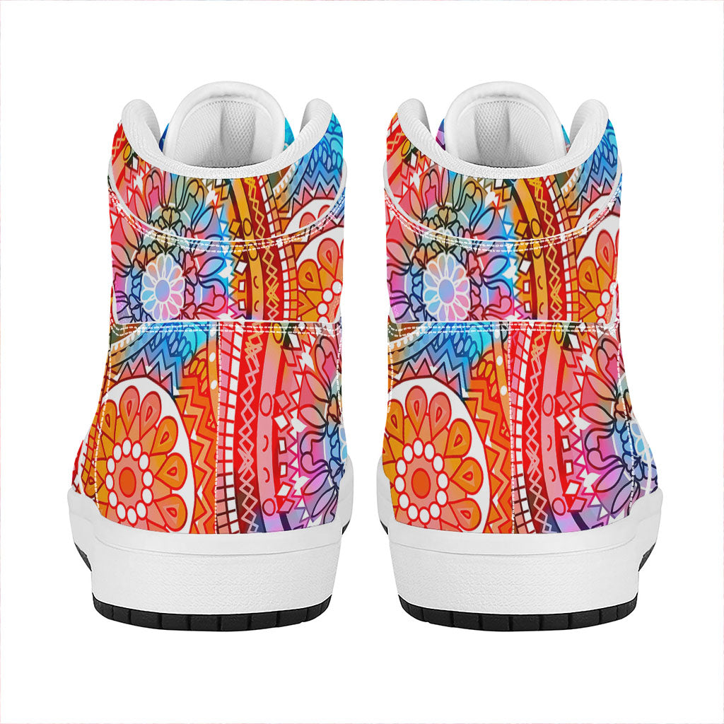 Colorful Circle Mandala Print High Top Leather Sneakers