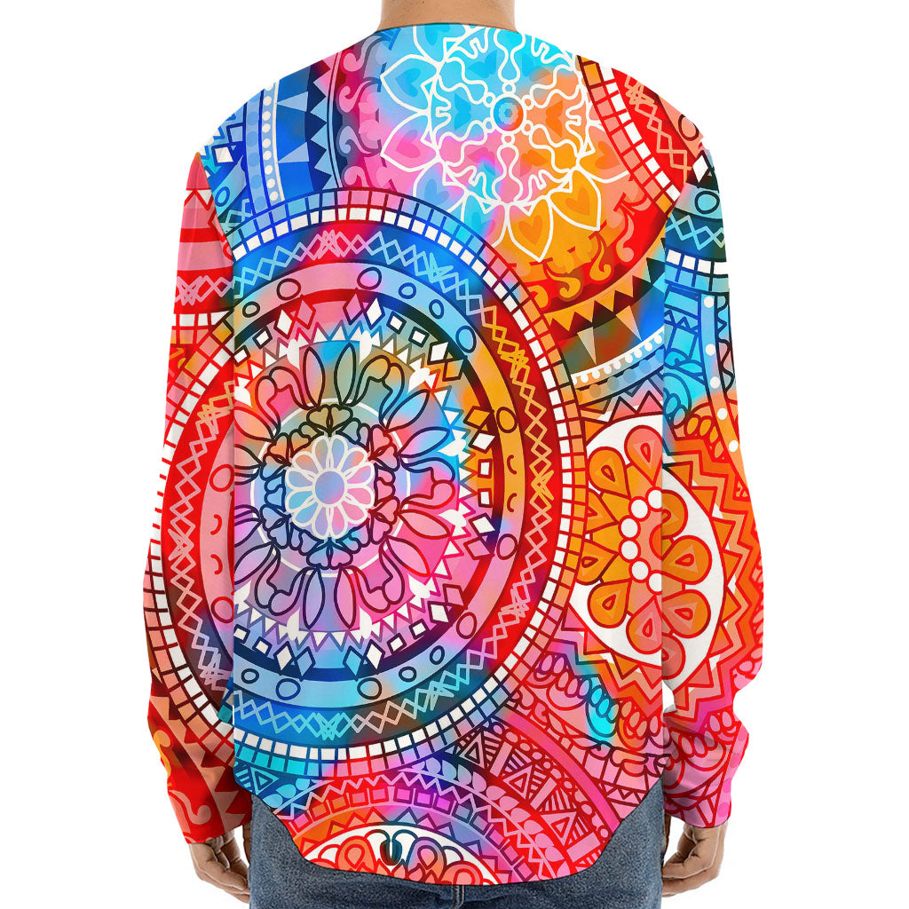 Colorful Circle Mandala Print Long Sleeve Baseball Jersey