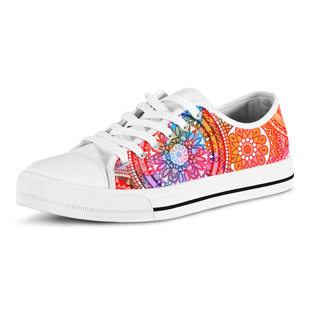 Colorful Circle Mandala Print White Low Top Sneakers