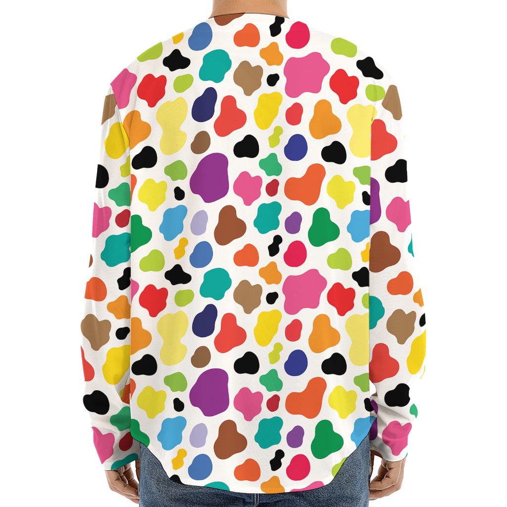 Colorful Cow Pattern Print Long Sleeve Baseball Jersey