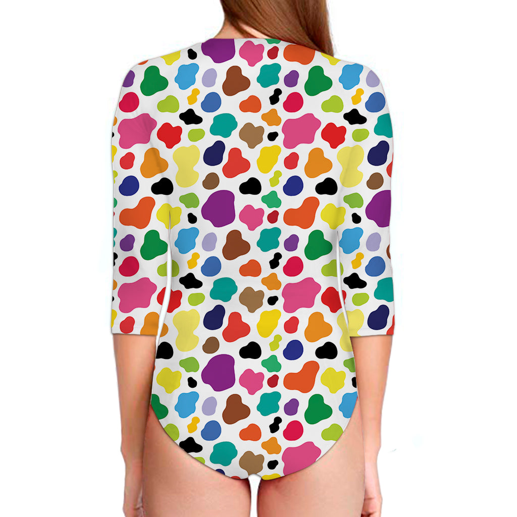 Colorful Cow Pattern Print Long Sleeve Swimsuit