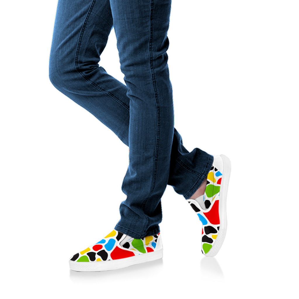 Colorful Cow Print White Slip On Sneakers