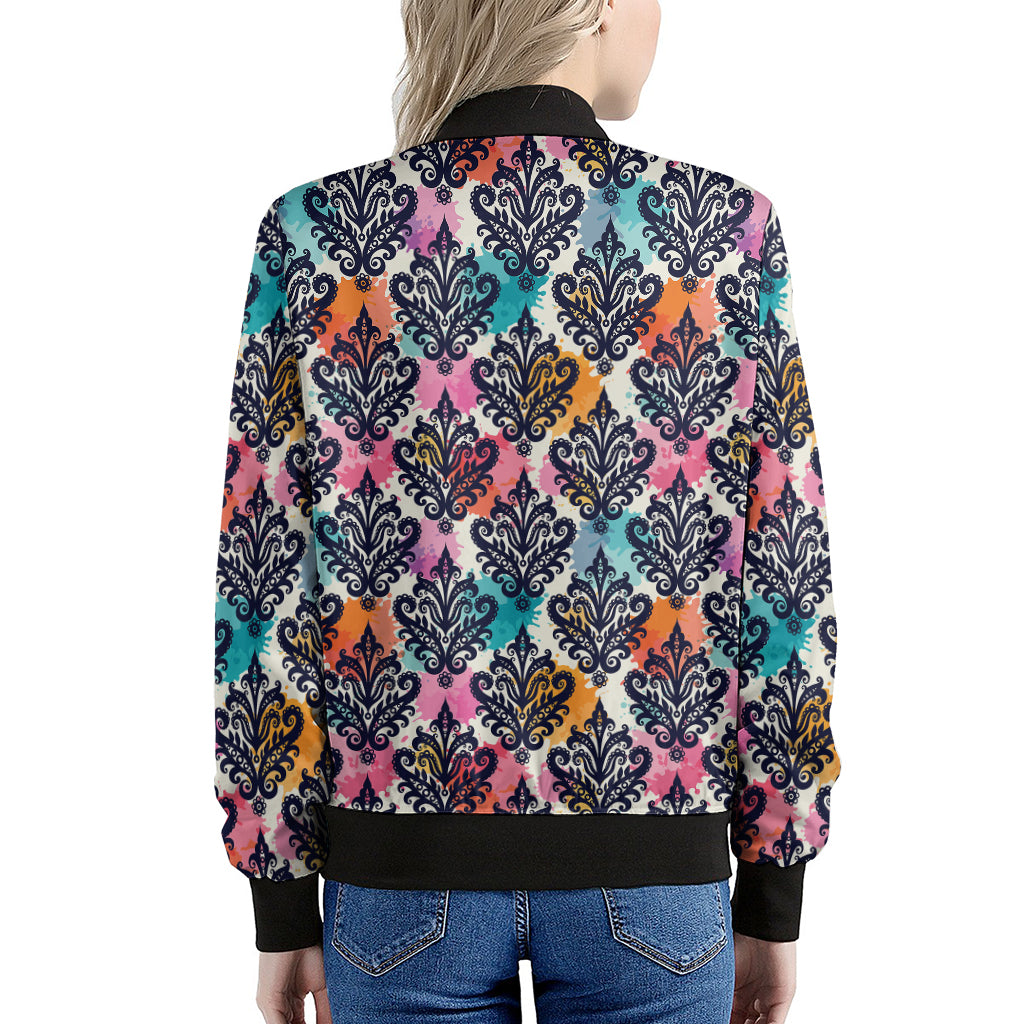 Colorful Damask Pattern Print Women's Bomber Jacket