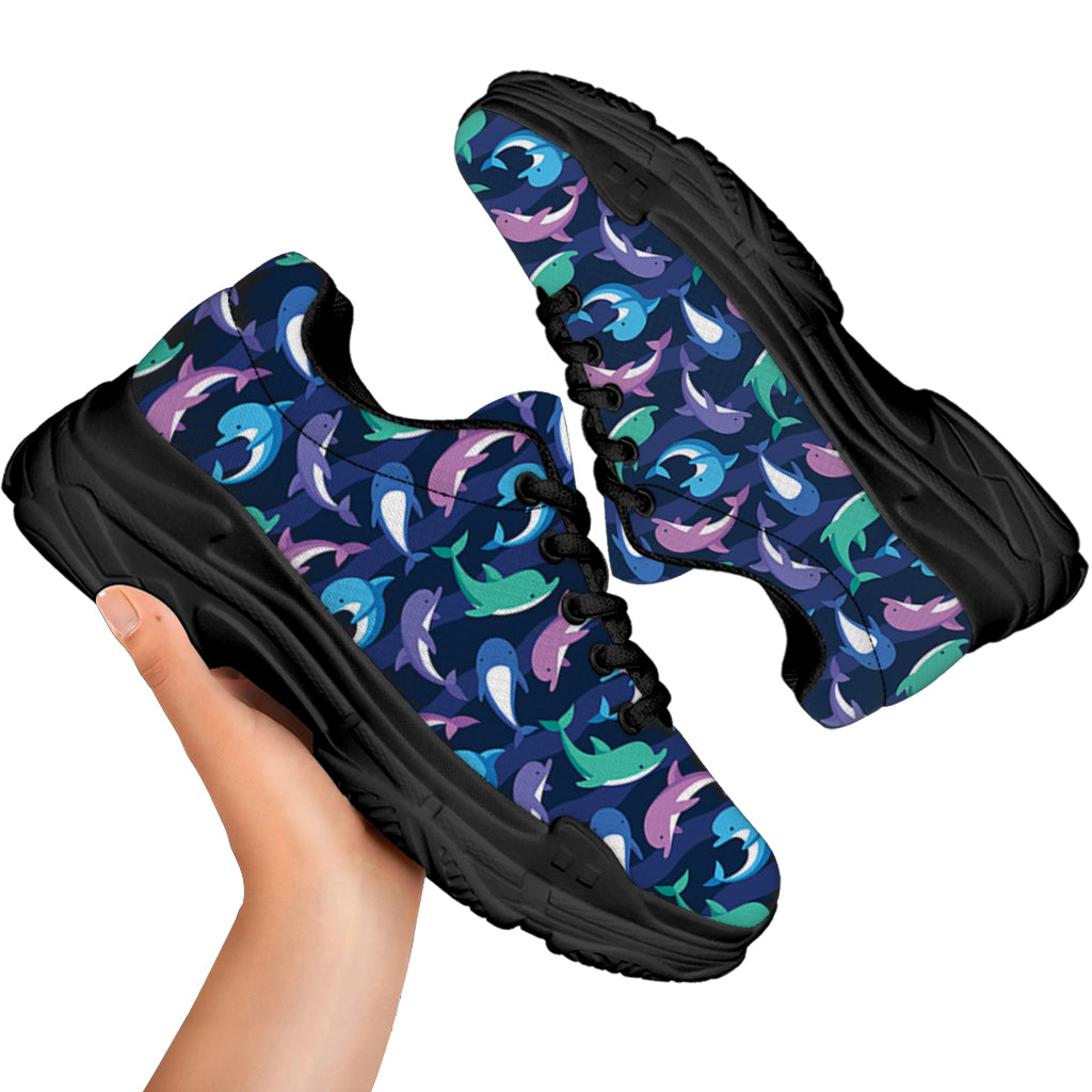 Colorful Dolphin Pattern Print Black Chunky Shoes