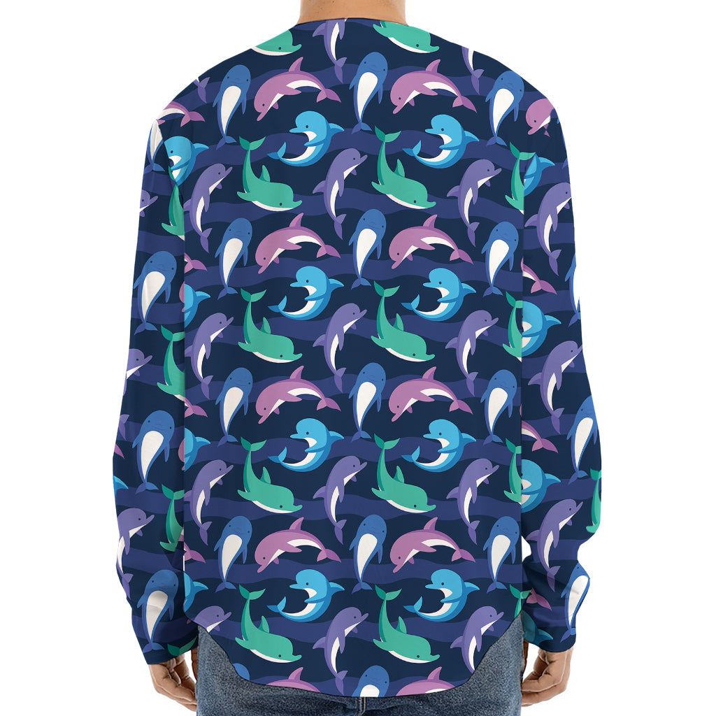 Colorful Dolphin Pattern Print Long Sleeve Baseball Jersey
