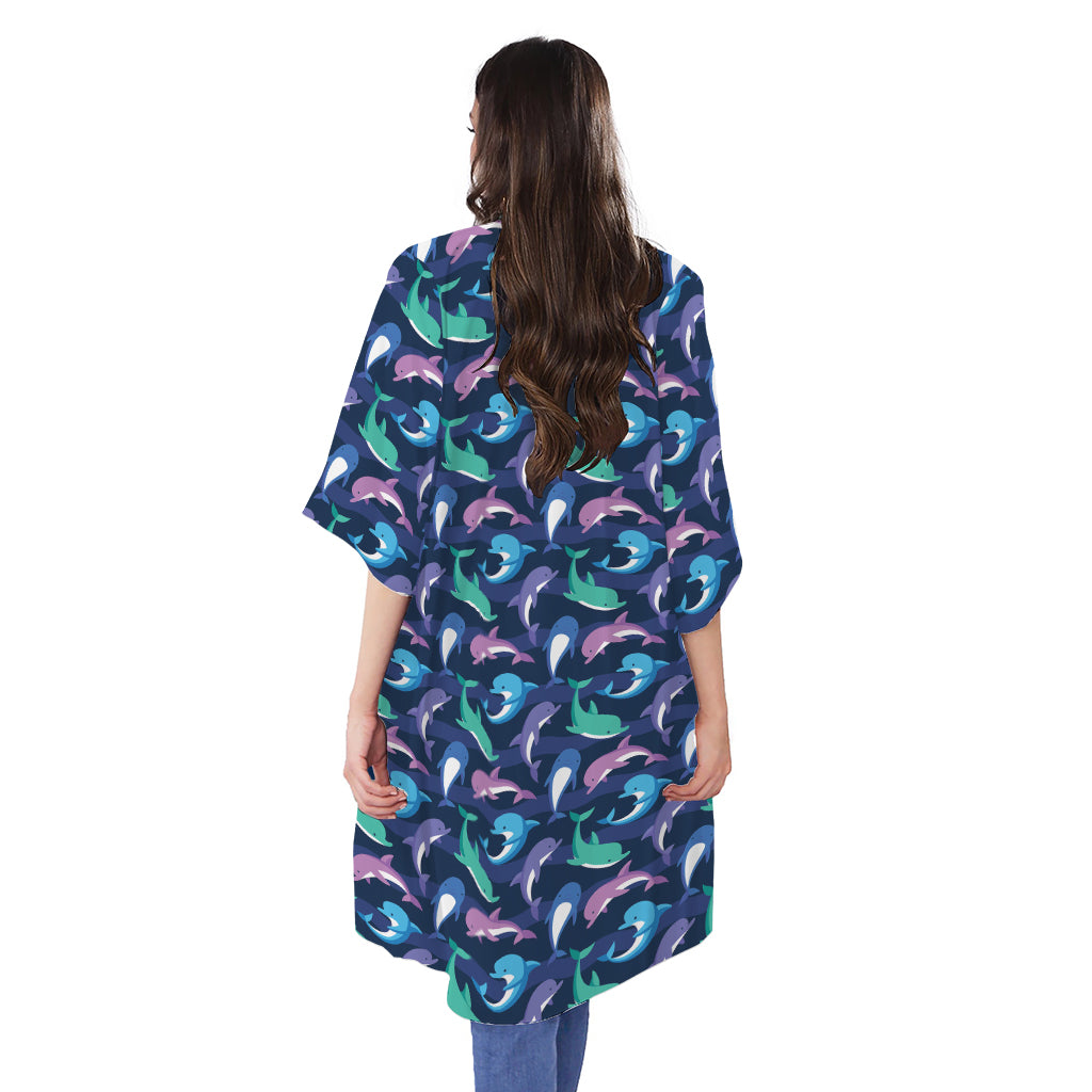 Colorful Dolphin Pattern Print Open Front Beach Cover Up