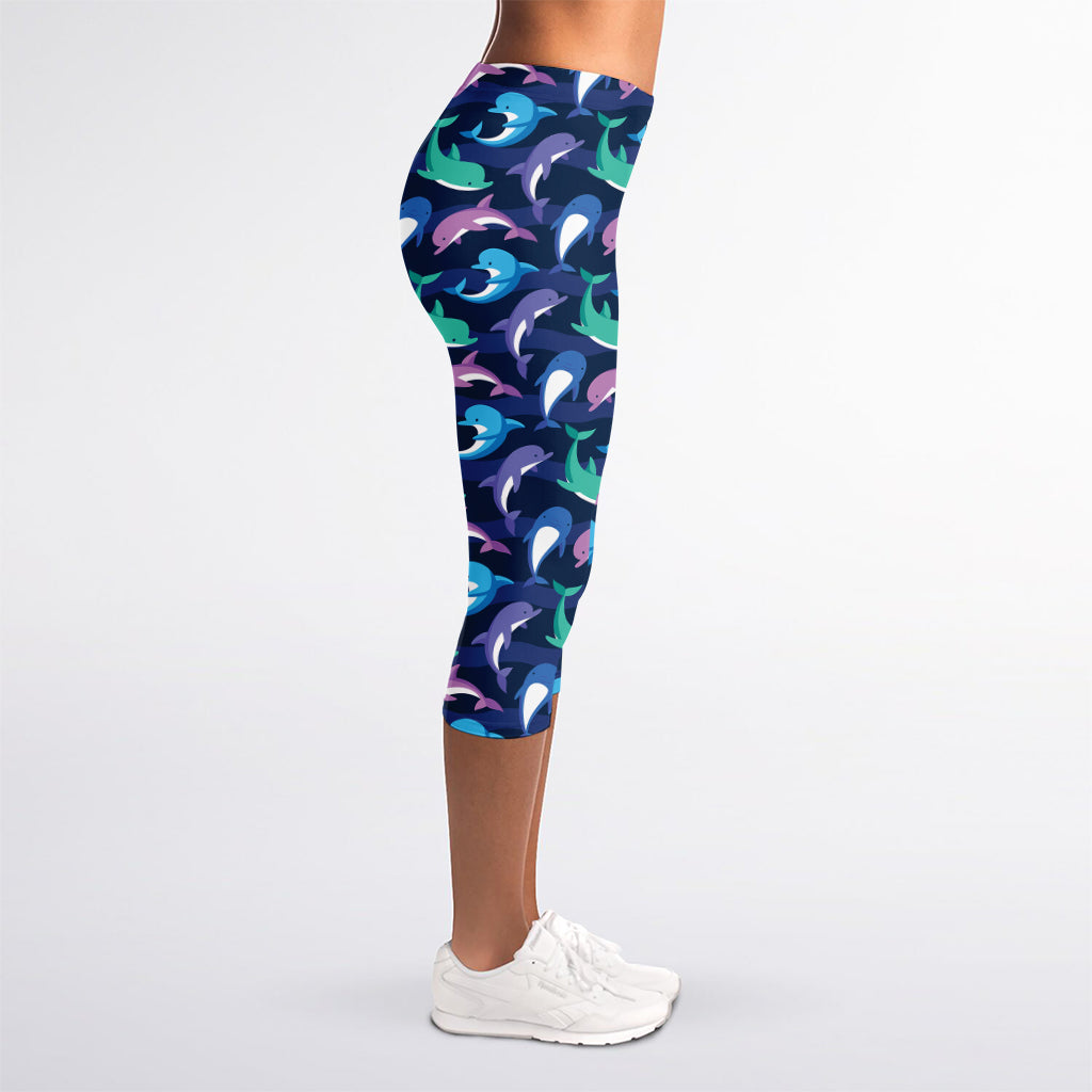 Colorful Dolphin Pattern Print Women's Capri Leggings