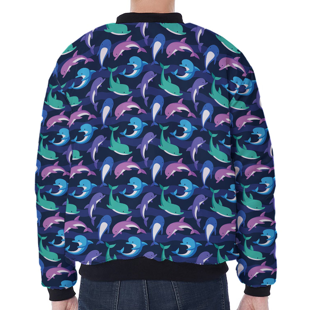 Colorful Dolphin Pattern Print Zip Sleeve Bomber Jacket