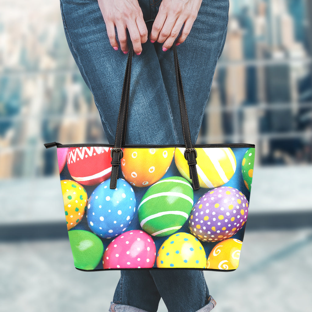 Colorful Easter Eggs Print Leather Tote Bag