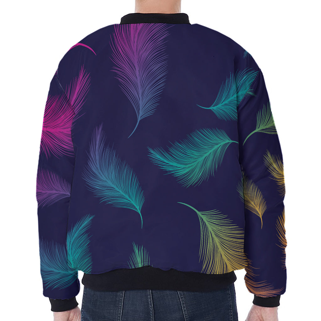 Colorful Feather Pattern Print Zip Sleeve Bomber Jacket