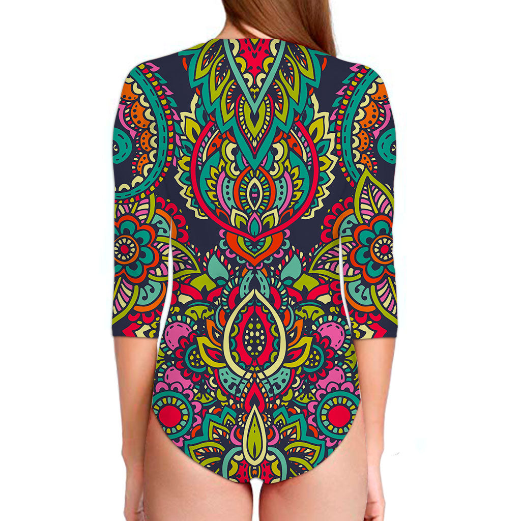 Colorful Floral Mandala Print Long Sleeve Swimsuit