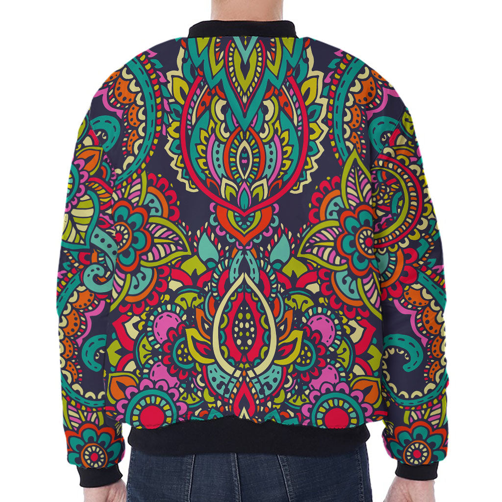 Colorful Floral Mandala Print Zip Sleeve Bomber Jacket